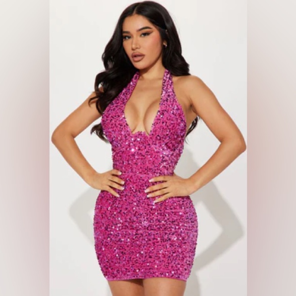 FASHION NOVA pink halter sequins mini dress